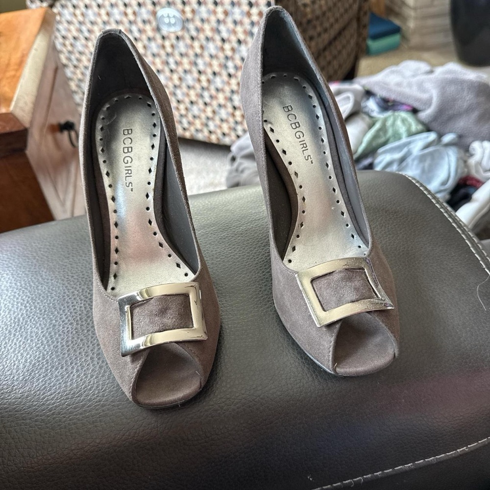 BCBGirls Taupe Peep Toe Heels with Silver Buckle